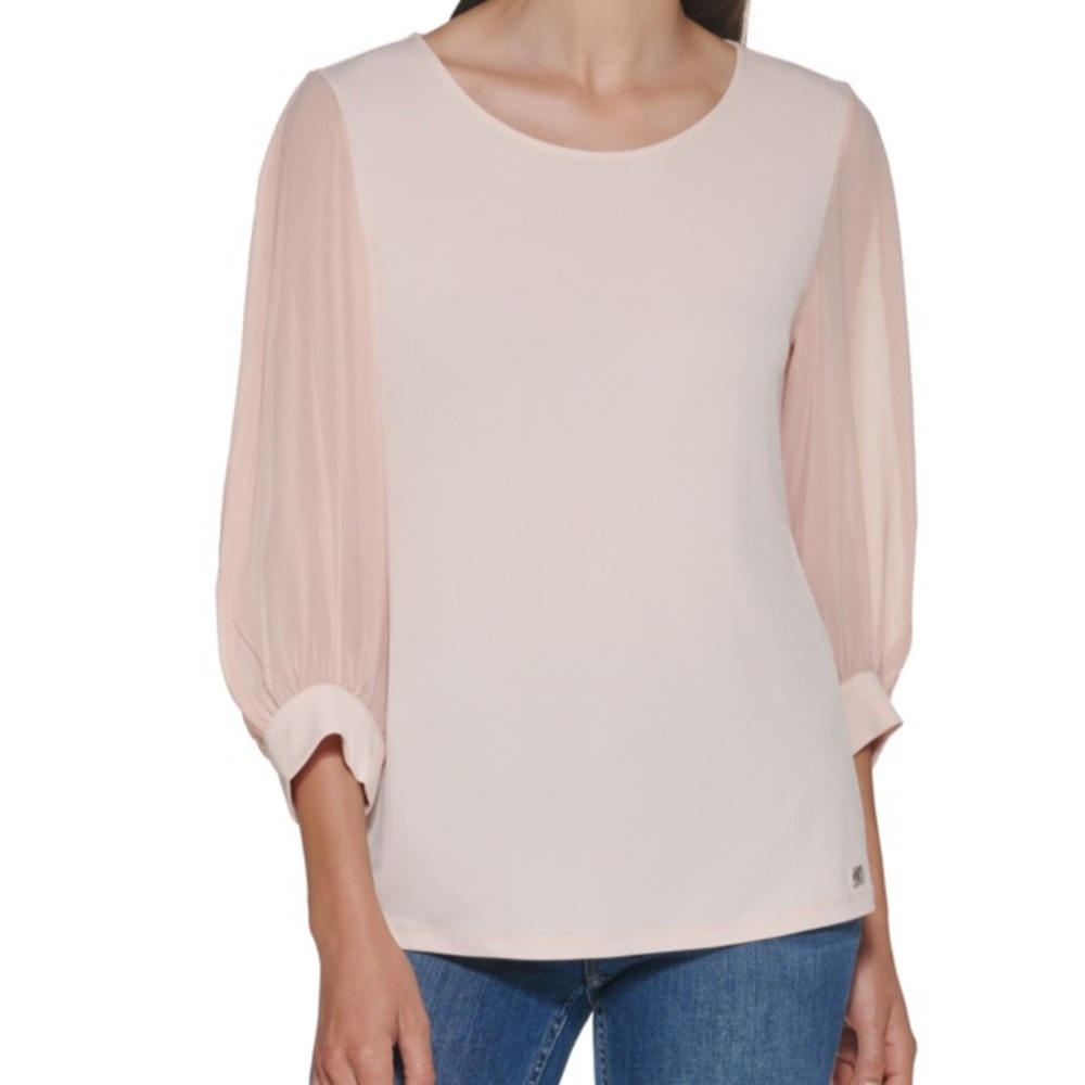 Calvin Klein 3/4 Chiffon Sleeve Blouse, Blush, Size: Small